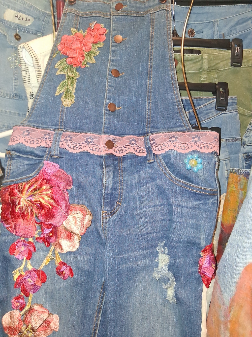 Tinseltown Denim Overalls with Pink Lace and Red Floral Embroidery